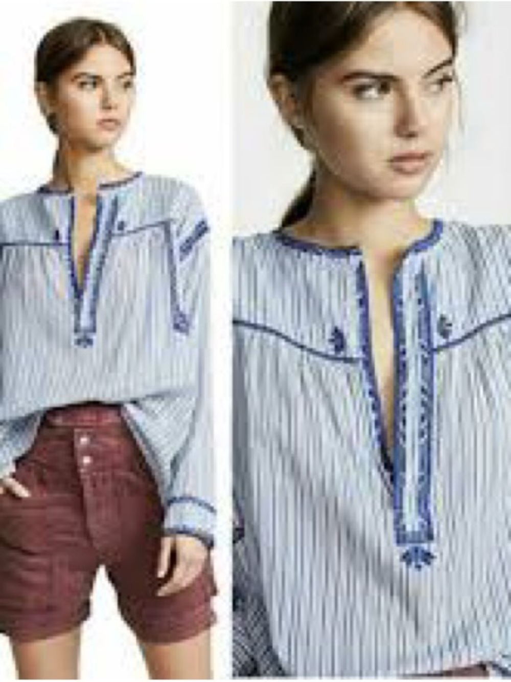 Isabel Marant Blue and White Striped Embroidered Peasant Tunic size 40